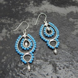 925 Sterling Silver Silver Plated Turquoise, Pearl Gemstone Dangle Earrings- A1E-987