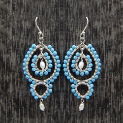 925 Sterling Silver Silver Plated Turquoise, Pearl Gemstone Dangle Earrings- A1E-987
