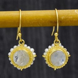 Brass Gold Plated Rainbow, Pearl Gemstone Dangle Earrings- A1E-990