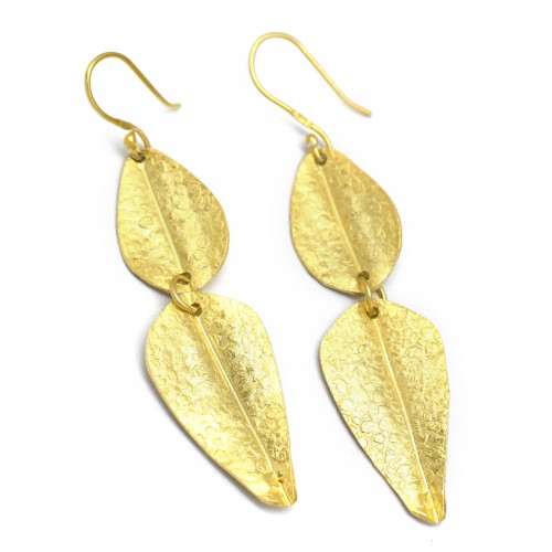 Brass Gold Plated Hammered Metal Leaf Shape Dangle Earrings- CDE-1104