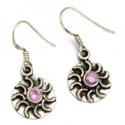 925 Sterling Silver Oxidized Boho Vintage Pink CZ Gemstone Dangle Earrings- CDE-1758