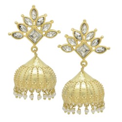 Brass Gold Plated Polki, Pearl Gemstone Traditional Jhumki Stud Earrings- CDE-3369