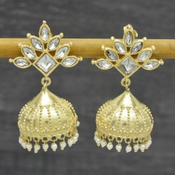 Brass Gold Plated Polki, Pearl Gemstone Traditional Jhumki Stud Earrings- CDE-3369