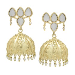 Brass Gold Plated Chalcedony, Pearl Gemstone Indian Jhumki Earrings- CDE-3370