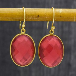 925 Sterling Silver Gold Plated Pink Tourmaline Gemstone Dangle Earrings- CDE-3378