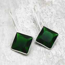 Brass Silver Plated Dark Green Glass Gemstone Dangle Earrings- CDE-3387