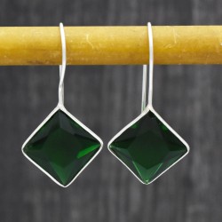Brass Silver Plated Dark Green Glass Gemstone Dangle Earrings- CDE-3387