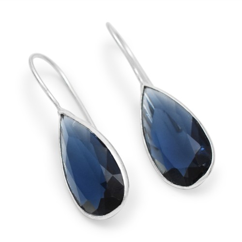 Brass Silver Plated Blue Glass Gemstone Dangle Earrings- CDE-3392