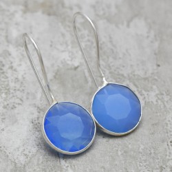Brass Silver Plated Light Blue Glass Gemstone Dangle Earrings- CDE-3395
