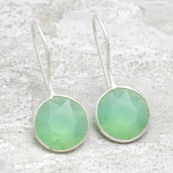 Brass Silver Plated Green Glass Glass Gemstone Dangle Earrings- CDE-3397