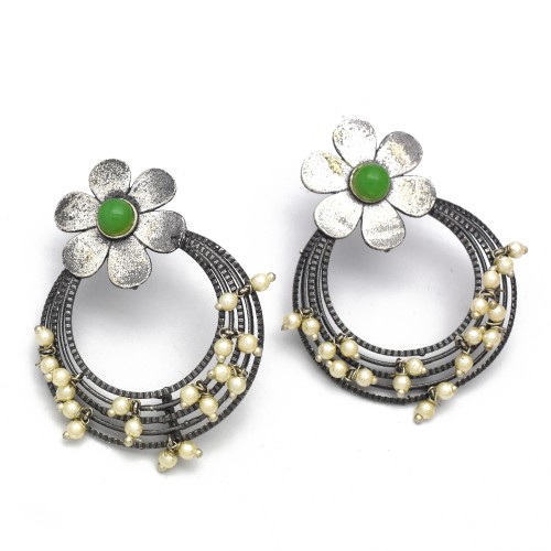 Brass Oxidized Plated Green Onyx, Pearl Gemstone Stud Earrings- CDE-4011