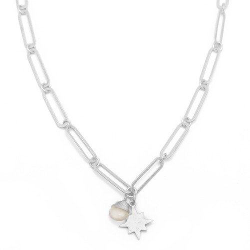 Brass Silver Plated White Chalcedony Gemstone With Star Charms Pendant Necklaces- A1N-10239