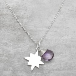 Brass Silver Plated Amethyst Gemstone With Star Charm Pendant Necklace- A1N-10366