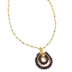 Brass Gold Plated Hand-Cut Metal Beads With Amethyst Gemstone Pendant Necklaces- A1N-1339