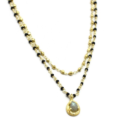 Brass Gold Plated Labradorite, Black Onyx Beads Gemstone Necklaces- A1N-136