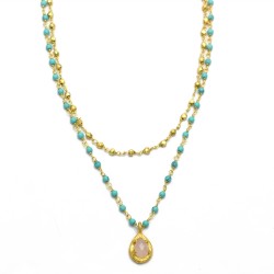 925 Sterling Silver Gold Plated Rose Quartz, Turquoise Beads Gemstone Necklaces- A1N-136