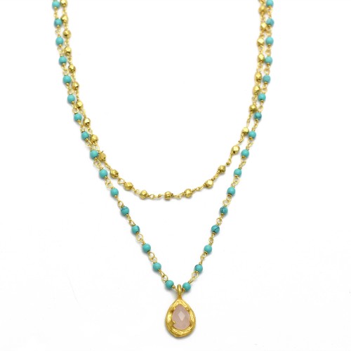 925 Sterling Silver Gold Plated Rose Quartz, Turquoise Beads Gemstone Necklaces- A1N-136