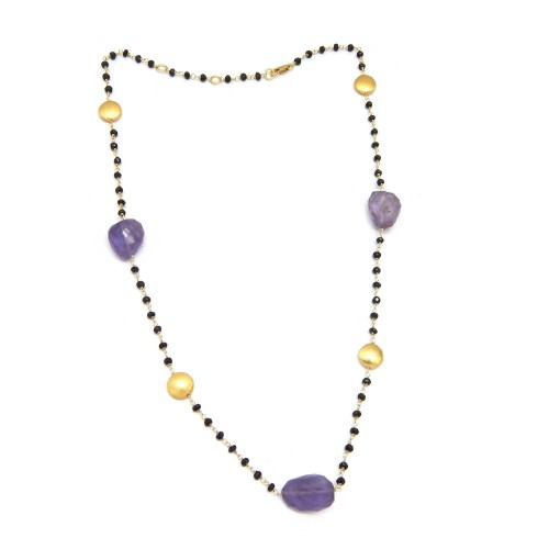925 Sterling Silver Gold Plated Amethyst, Black Onyx Gemstone With Round Metal Finding Necklaces- A1N-1368