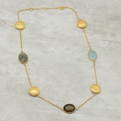 925 Sterling Silver Gold Plated Labradorite, Aqua Chalcedony, Smoky Gemstone Necklaces- A1N-1380