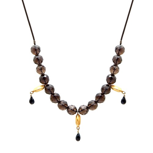Brass Gold Plated Metal Finding With Smoky, Black Onyx Gemstone Black Leather necklaces- A1N-1467