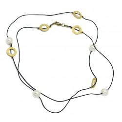 Brass Gold Plated Metal Finding Pearl Gemstone With Black Leather Necklaces- A1N-1584