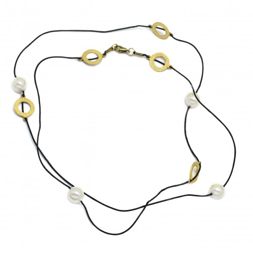 Brass Gold Plated Metal Finding Pearl Gemstone With Black Leather Necklaces- A1N-1584