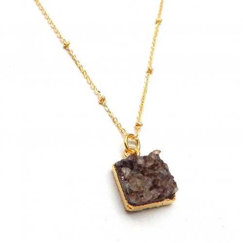 Brass Gold Plated Brown Druzy Gemstone Pendant Necklaces- A1N-162