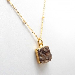 Brass Gold Plated Brown Druzy Gemstone Pendant Necklaces- A1N-162