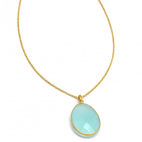 925 Sterling Silver Gold Plated Aqua Chalcedony Gemstone Pendant Necklaces- A1N-1802