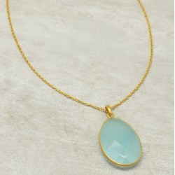 925 Sterling Silver Gold Plated Aqua Chalcedony Gemstone Pendant Necklaces- A1N-1802