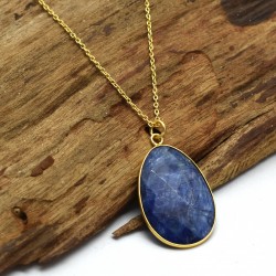 Brass Gold Plated Prehnite, Lapis Lazuli Gemstone Pendant Necklaces- A1N-1802