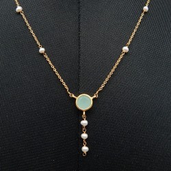 Brass Gold Plated Aqua Chalcedony, Pearl Gemstone Pendant Necklaces- A1N-283