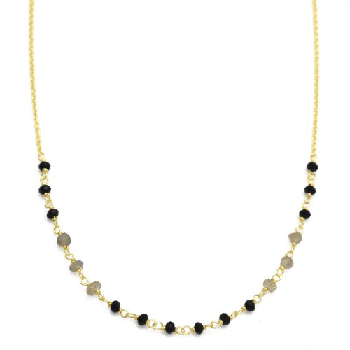 Brass Gold Plated Black Onyx, Labradorite Gemstone Beaded Necklace- A1N-290