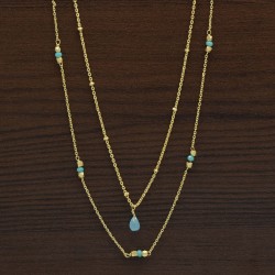 Brass Gold Plated Aqua Chalcedony Gemstone Pendant Necklaces- A1N-359