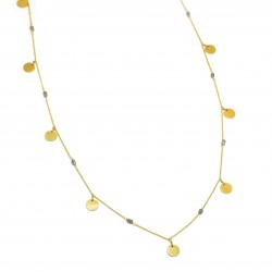 Brass Gold Plated Labradorite Gemstone With Round Metal Disc Necklace- A1N-372