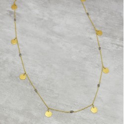 Brass Gold Plated Labradorite Gemstone With Round Metal Disc Necklace- A1N-372