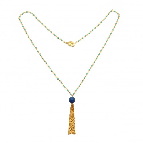 Brass Gold Plated Seed Turquoise, Lapis Lazuli Gemstone Necklaces- A1N-373