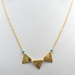Brass Gold Plated Turquoise Gemstone Three Triangle Disc Necklaces- A1N-391