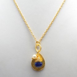 Brass Gold Plated Lapis Lazuli, Pearl Gemstone Pendant Necklaces- A1N-392
