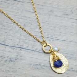 Brass Gold Plated Lapis Lazuli, Pearl Gemstone Pendant Necklaces- A1N-392