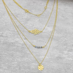 Brass Gold Plated Labradorite Gemstone Hamsa, Round Disc Necklaces- A1N-402