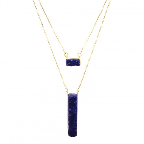 Brass Gold Plated Blue Druzy Gemstone Pendant Necklaces- A1N-4156