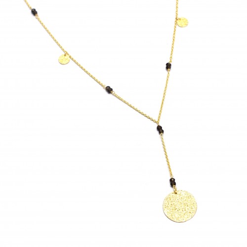 Brass Gold Plated Smoky Gemstone With Round Hammered Disc Pendant Necklaces- A1N-4342