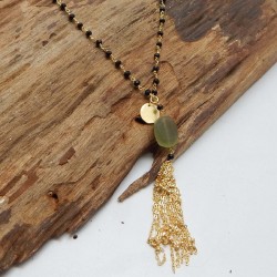 Brass Gold Plated Green Amethyst, Black Onyx Gemstone With Disc Charm Necklaces- A1N-456