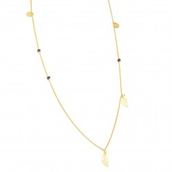 Brass Gold Plated Garnet Gemstone With Metal Leaf, Disc Necklaces- A1N-4826
