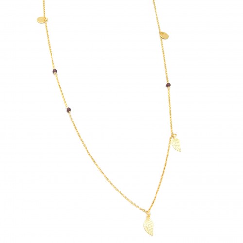 Brass Gold Plated Garnet Gemstone With Metal Leaf, Disc Necklaces- A1N-4826