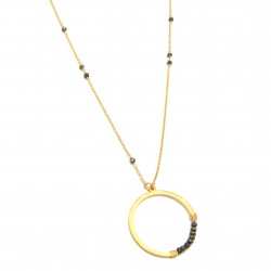 Brass Gold Plated Pyrite Gemstone Round Pendant Necklaces- A1N-4850