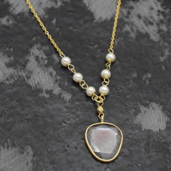 Brass Gold Plated Pearl, Crystal Gemstone Pendant Necklaces- A1N-4954