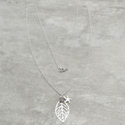 Brass Silver Plated Labradorite Gemstone With Leaf And Star Pendant Necklace- A1N-5293