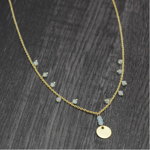 Brass Gold Plated Aqua Chalcedony Gemstone With Round Disc Necklaces- A1N-5304